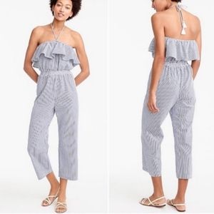J.Crew Seersucker Jumpsuit Women's Medium Blue White Stripe Strapless Nautical